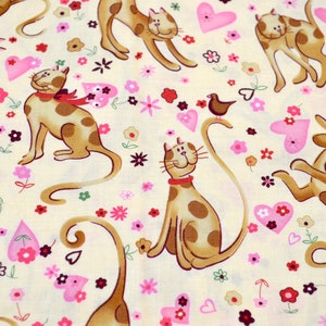 Vintage Kaufman Fabric - Cats Flowers and Pink Hearts - Cotton By the Half Yard