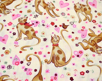 Vintage Kaufman Fabric - Cats Flowers and Pink Hearts - Cotton By the Half Yard