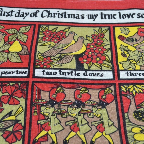 Vintage Linen Kitchen Towel - The Twelve Days of Christmas - Ulster Mid Century
