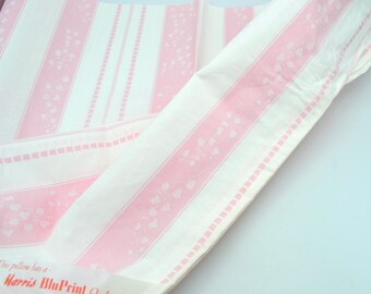 Vintage Harris BluPrint Pillow Cover - Pink and White Bell Flowers Stripe - Standard Size NOS Cotton Ticking