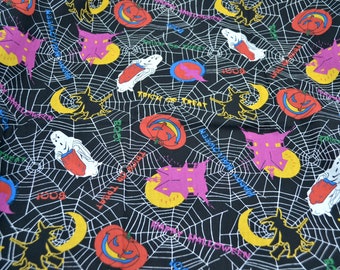 Vintage Halloween Fabric - Pink Haunted Houses Ghosts Witch - Cotton By the Half Yard