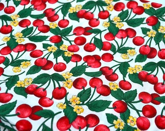 Vintage Hoffman Fabric - Red Cherry Clusters and Yellow Flower Blossoms - Cotton 42" x 13" Plus Remnant