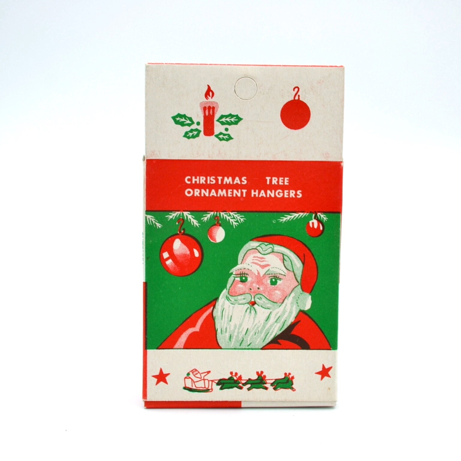 Vintage Christmas Ornament Hooks in Box - Front and Back Santa Claus  Graphics - NOS Metal Tree Hangers Made in Japan