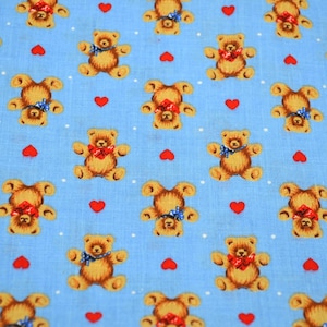 Vintage Fabric - Teddy Bears and Red Hearts and Dots on Blue - Wamsutta Hallmark By the Half Yard