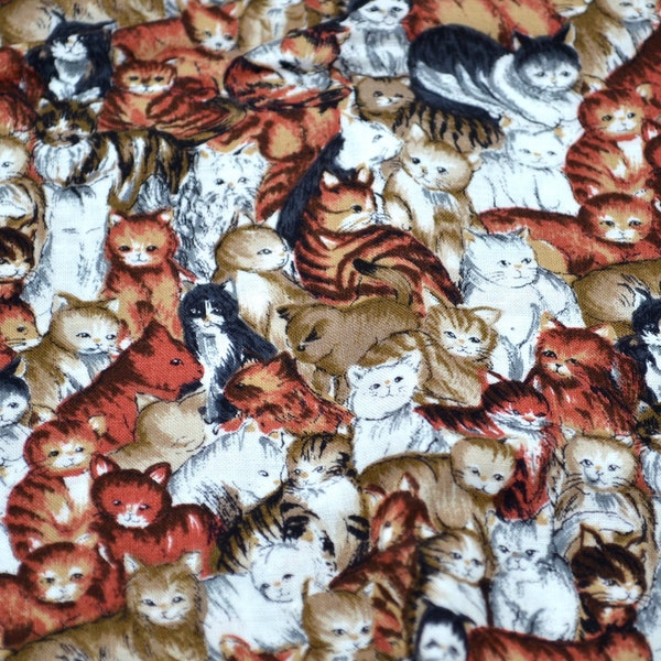 Vintage Hi Fashion Fabric - Many Cats in Grey and Rust Orange - Cotton 42" x 14 3/4"L