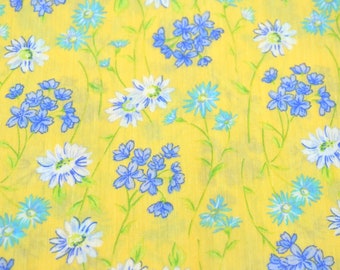 Vintage Fabric - Long Stem Aqua Purple Flowers on Yellow - Cotton 44" x 17"L