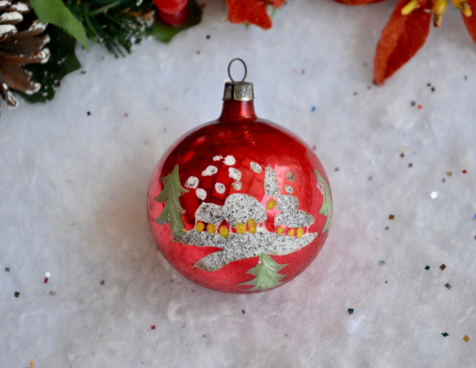 Vintage Glass Christmas Ornament Mica Glitter Hand Painted Etsy