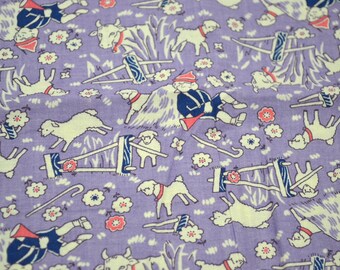 Vintage Marcus Bros Fabric - Nursery Rhyme Little Boy Blue Lambs Cows on Lavender - Rothermel Cotton By the Half Yard