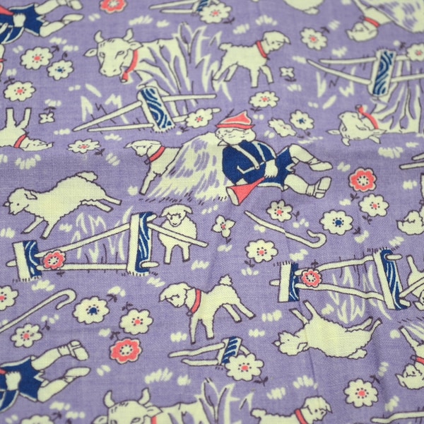 Vintage Marcus Bros Fabric - Nursery Rhyme Little Boy Blue Lambs Cows on Lavender - Rothermel Cotton By the Half Yard