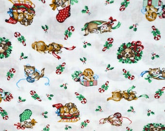 Vintage Christmas Fabric - Cats and Dogs Candy Canes & Stockings - Wamsutta Hallmark By the Half Yard