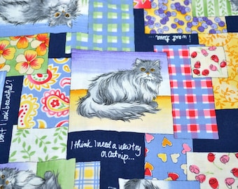 Vintage Kaufman Fabric - Patchwork Cat Quilt Print - Cotton By the Half Yard