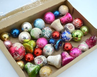 36 Vintage Christmas Mercury Glass Ornaments - Miniature Flocked Rare Shapes and Rounds - Multicolored in Box
