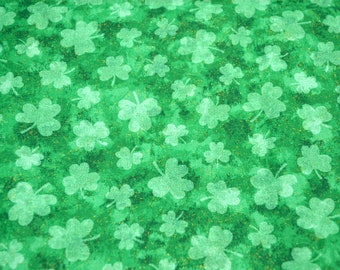 Vintage St Patricks Day Fabric - Green Clover with Gold Metallic Flecks - Fabric Traditions Cotton By the Half Yard