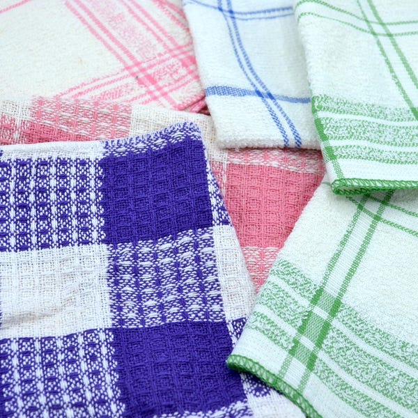 7 Vintage Kitchen Dish Wash Cloths - Pastel Color Variety Lot - NOS Cotton Mid Century - Pink Purple Green