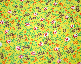 Vintage Fabric - Small Orange and Purple Flowers on Yellow - Cotton 44" x 22"L With Corner Cutout