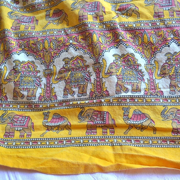 Vintage Block Print Cotton Fabric - Yellow Elephants and Camels - India Made Panel - 83 x 89