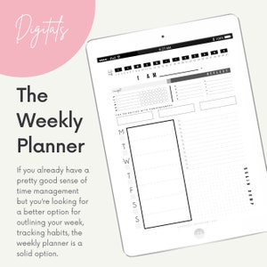 Può includere: Un planner settimanale in bianco e nero sullo schermo di un tablet. Il planner include sezioni per "IO SONO", "Priorità principali con conseguenze", "Rifletti" e "Scarico del cervello". I giorni della settimana sono elencati sul lato sinistro dello schermo, con spazio per scrivere compiti e note.
