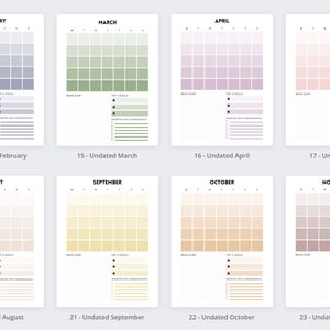 Pu&ograve; includere: Un set di 12 pagine di calendario mensile stampabili non datate in vari colori pastello. Ogni pagina presenta una griglia con i giorni numerati e spazio per le note. Le pagine del calendario sono perfette per pianificare e organizzare il tuo anno.