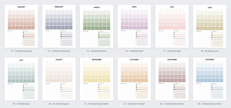 Pu&ograve; includere: Un set di 12 pagine di calendario mensile stampabili non datate in vari colori pastello. Ogni pagina presenta una griglia con i giorni numerati e spazio per le note. Le pagine del calendario sono perfette per pianificare e organizzare il tuo anno.
