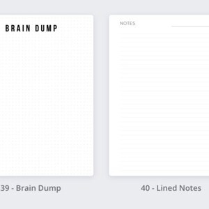 Pu&ograve; includere: Un set di sei diverse pagine di note vuote, ognuna con un diverso stile di griglia o linee. Le pagine sono etichettate con numeri e titoli, tra cui "Note di argomento", "Note di griglia", "Brain Dump", "Note rigate", "Note a punti" e "Liste di liste".