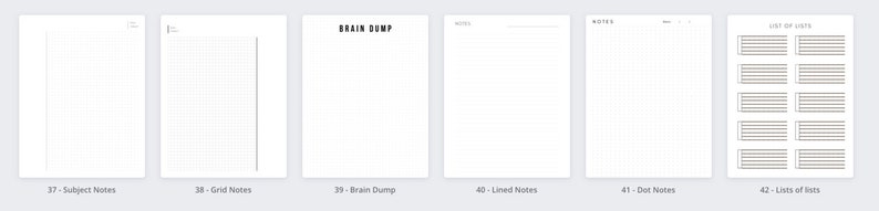 Pu&ograve; includere: Un set di sei diverse pagine di note vuote, ognuna con un diverso stile di griglia o linee. Le pagine sono etichettate con numeri e titoli, tra cui "Note di argomento", "Note di griglia", "Brain Dump", "Note rigate", "Note a punti" e "Liste di liste".