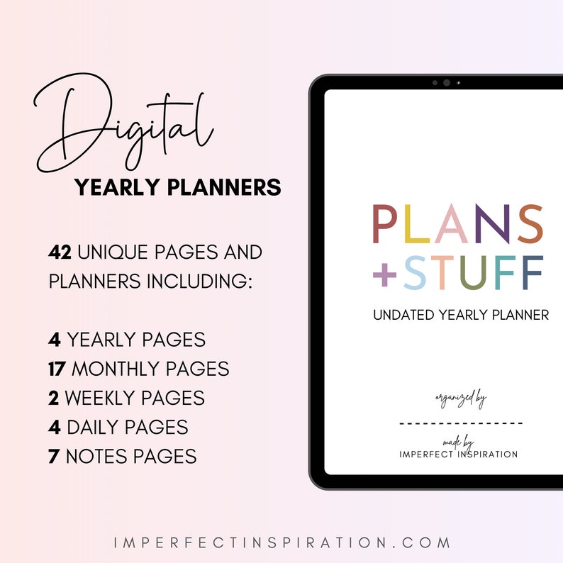 Pu&ograve; includere: Un planner digitale con un titolo colorato "PLANS + STUFF" e il testo "UNDATED YEARLY PLANNER". Il planner include 42 pagine uniche, tra cui 4 pagine annuali, 17 pagine mensili, 2 pagine settimanali, 4 pagine giornaliere e 7 pagine di note.