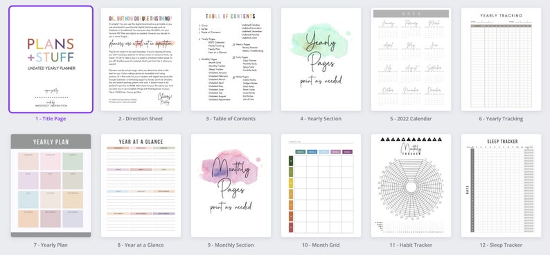 Pu&ograve; includere: Un planner stampabile con una copertina colorata che dice "Plans + Stuff Undated Yearly Planner". Il planner include pagine per i piani annuali, pagine mensili, un calendario, il monitoraggio delle abitudini e il monitoraggio del sonno.