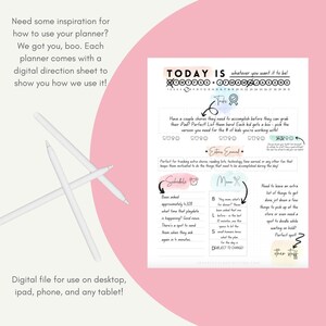 May include: A digital planner page with a pink and blue color scheme. The page is titled "TODAY IS" and includes sections for scheduling, menu planning, and extra tasks. The text "whatever you want it to be!" is written in a handwritten font.