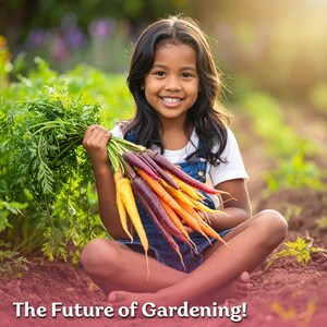May include: A young girl smiles while holding a bunch of colorful carrots with green tops. The carrots range in color from yellow to purple and orange. The text "The Future of Gardening!" is at the bottom of the image. The girl is sitting in a garden.