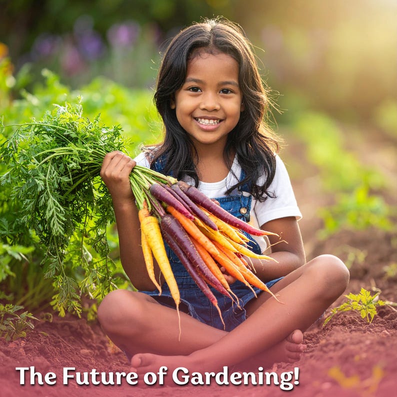 May include: A young girl smiles while holding a bunch of colorful carrots with green tops. The carrots range in color from yellow to purple and orange. The text "The Future of Gardening!" is at the bottom of the image. The girl is sitting in a garden.