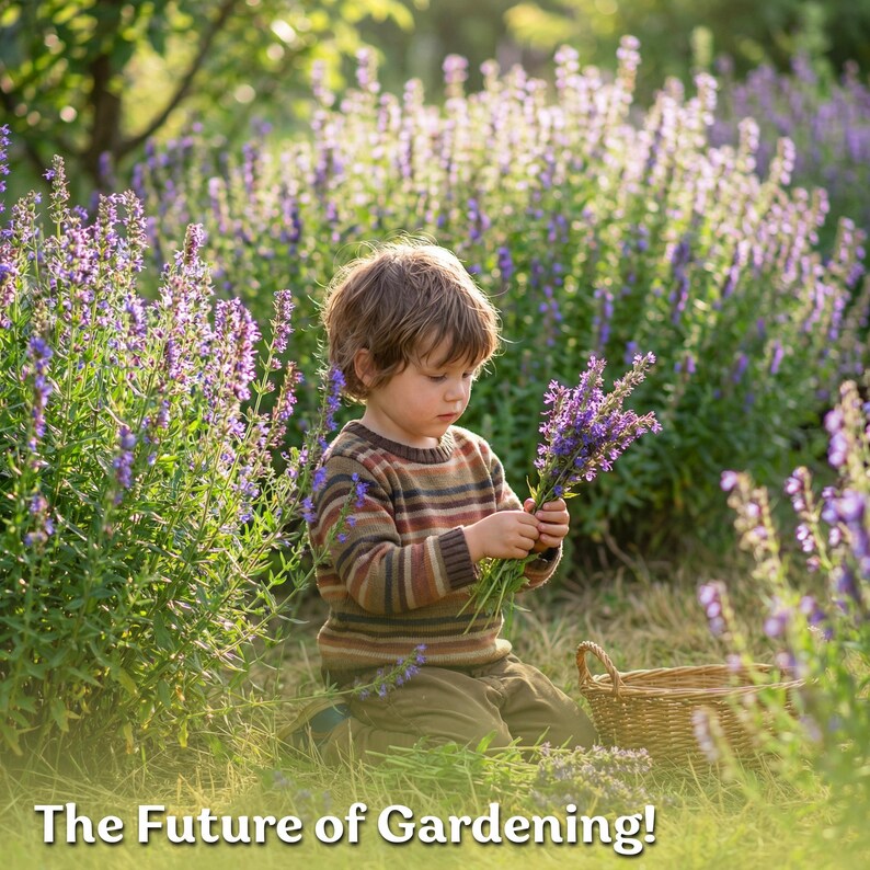 May include: A young child in a striped sweater gathers purple flowers in a field. A woven basket sits nearby. The text "The Future of Gardening!" is at the bottom of the image.