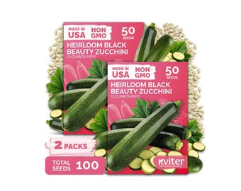 May include: Two seed packets of Heirloom Black Beauty Zucchini, labeled Made in USA, Non GMO, and 50 seeds each, totaling 100 seeds. The pink packaging features images of dark green zucchini, green leaves, and sliced zucchini pieces.