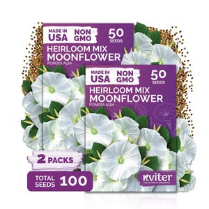 May include: Two seed packets of Heirloom Mix Moonflower Ipomoea alba, each containing 50 seeds for a total of 100 seeds. The purple packaging features white flowers, green leaves, and text stating Made in USA, Non GMO, and the brand name Kviter.