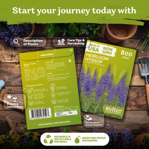 May include: Two seed packets for Heirloom Hyssop, each with 800 seeds, are displayed on a wooden surface. The packets are green and feature images of purple flowers. Text includes planting instructions, care tips, and the phrase "Made in USA."