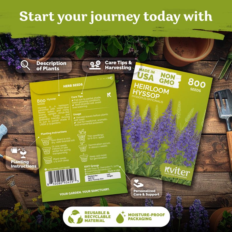 May include: Two seed packets for Heirloom Hyssop, each with 800 seeds, are displayed on a wooden surface. The packets are green and feature images of purple flowers. Text includes planting instructions, care tips, and the phrase "Made in USA."