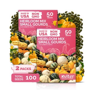 May include: Two pink seed packets labeled "Made in USA" and "Non-GMO" with "Heirloom Mix Small Gourds" text. The packets contain 50 seeds each, totaling 100 seeds. The image shows a variety of small gourds.