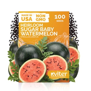 May include: A rectangular seed packet featuring the text HEIRLOOM SUGAR BABY WATERMELON, MADE IN USA, NON GMO, and 100 SEEDS. The design displays dark green whole watermelons, bright red sliced watermelon halves with black seeds, and green leaves.