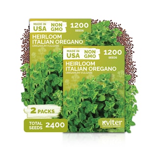 May include: Two packs of Heirloom Italian Oregano seeds, each containing 1200 seeds, totaling 2400 seeds. The packaging is green and white, with the text "Made in USA" and "Non GMO". The image also shows fresh oregano and seeds.