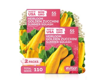 May include: Two rectangular seed packets for Heirloom Golden Zucchini Summer Squash, each labeled 55 seeds, non-GMO, and made in USA. The pink packaging features illustrations of yellow squash and green leaves, with a total count of 110 seeds.