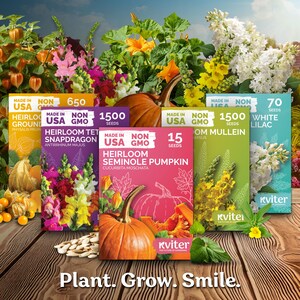 May include: A colorful display of seed packets featuring various heirloom varieties, including ground cherry, snapdragon, and pumpkin. The packets are labeled "Made in USA" and "Non-GMO." The image includes a pumpkin and blooming flowers. The text reads "Plant. Grow. Smile."