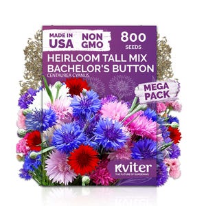 May include: A seed packet for Heirloom Tall Mix Bachelor's Button flowers, featuring a vibrant bouquet of red, pink, blue, and white blooms. The package is purple with text that reads "Made in USA" and "Non GMO". The package also says "800 seeds" and "Mega Pack".