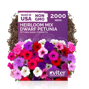 May include: A packet of Heirloom Mix Dwarf Petunia seeds, with the text "Made in USA" and "Non GMO". The packet is surrounded by colorful petunia blooms in shades of pink, red, purple, and white, and a scattering of seeds. The packet contains 2000 seeds.