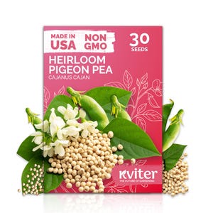 May include: A packet of Heirloom Pigeon Pea seeds, labeled "Made in USA" and "Non-GMO." The pink package features text, green leaves, white flowers, and beige seeds. The package states "30 seeds" and includes the brand name "Kviter."