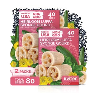May include: Two packs of Heirloom Luffa Sponge Gourd seeds, each containing 40 seeds, totaling 80 seeds. The packaging is pink and white, with the text "Made in USA" and "Non GMO". The image includes luffa sponges, gourds, yellow flowers, and black seeds.