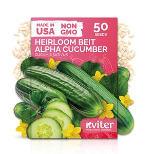 May include: A package of Heirloom Beit Alpha Cucumber seeds, with the text "Made in USA" and "Non GMO". The package is red and features images of cucumbers, cucumber slices, and yellow flowers. The package contains 50 seeds.