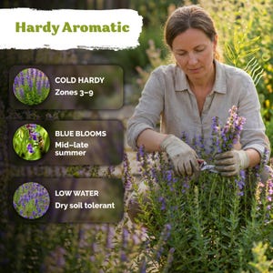 May include: A woman tending to a vibrant purple flowering plant in a garden. The image includes text that reads "Hardy Aromatic", "Cold Hardy Zones 3-9", "Blue Blooms Mid-late summer", and "Low Water Dry soil tolerant".
