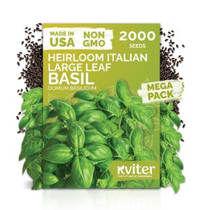 May include: A package of Heirloom Italian Large Leaf Basil seeds, labeled "Made in USA" and "Non-GMO." The package features a vibrant green design with images of fresh basil leaves and seeds. The text indicates a "Mega Pack" with 2000 seeds.