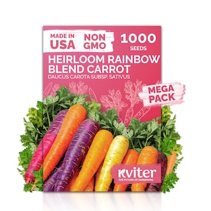 May include: A package of Heirloom Rainbow Blend Carrot seeds, with a variety of colorful carrots in shades of purple, orange, and yellow. The package is labeled "Made in USA" and "Non-GMO" with the text "1000 Seeds". The brand name "Kviter" is also visible.