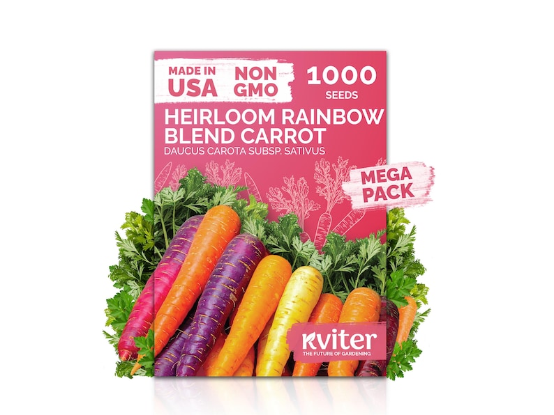 May include: A package of Heirloom Rainbow Blend Carrot seeds, with a variety of colorful carrots in shades of purple, orange, and yellow. The package is labeled "Made in USA" and "Non-GMO" with the text "1000 Seeds". The brand name "Kviter" is also visible.