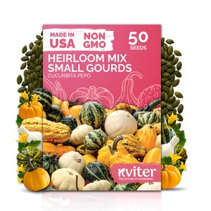 May include: A package of heirloom mix small gourd seeds, with the text "Made in USA" and "Non GMO". The package is surrounded by a variety of colorful gourds and seeds. The package reads "50 Seeds".